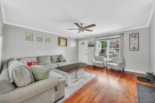 51 Olde Village Cir Unit 51, Wallingford, CT 06492 - living room featuring ornamental molding, a ceiling fan, and wood finished floors