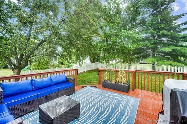 51 Olde Village Cir Unit 51, Wallingford, CT 06492 - deck with outdoor lounge area, a fenced backyard, and a grill