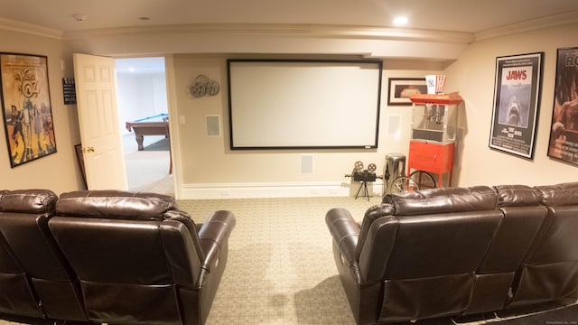 7 Taunton Ln, Newtown, CT 06470 - carpeted home theater room with ornamental molding, billiards, and recessed lighting