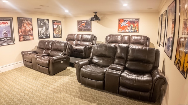 7 Taunton Ln, Newtown, CT 06470 - carpeted home theater featuring ornamental molding and recessed lighting