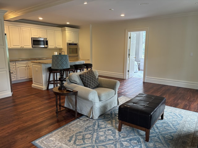 7 Taunton Ln, Newtown, CT 06470 - living area featuring dark wood finished floors, ornamental molding, and recessed lighting