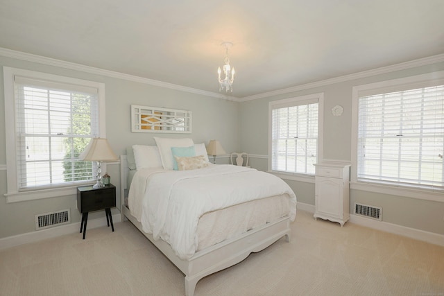 37 Giles Hill Rd, Redding, CT 06896 - bedroom with ornamental molding, light carpet, a chandelier, and multiple windows