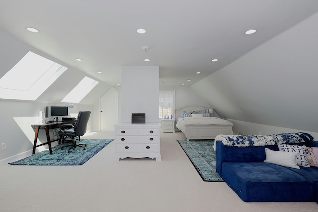 37 Giles Hill Rd, Redding, CT 06896 - carpeted bedroom featuring a skylight, lofted ceiling, a desk, and recessed lighting