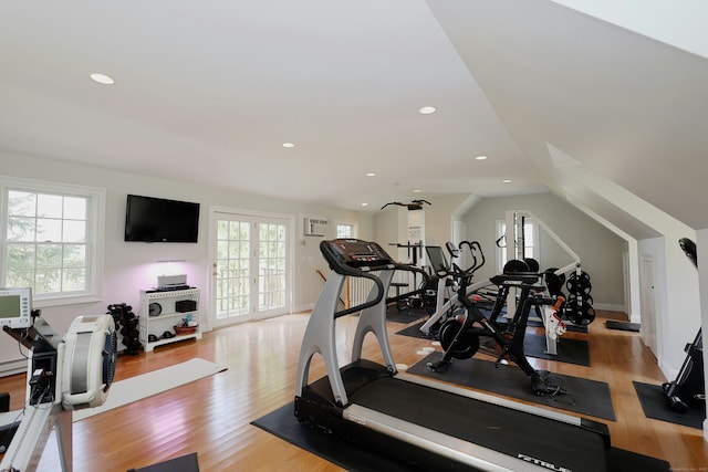 37 Giles Hill Rd, Redding, CT 06896 - workout room featuring light wood-type flooring, lofted ceiling, and recessed lighting