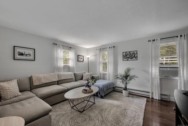 66 Atwood St Apt 16, Plainville, CT 06062 - living area with dark wood-style floors, healthy amount of natural light, cooling unit, and a baseboard heating unit
