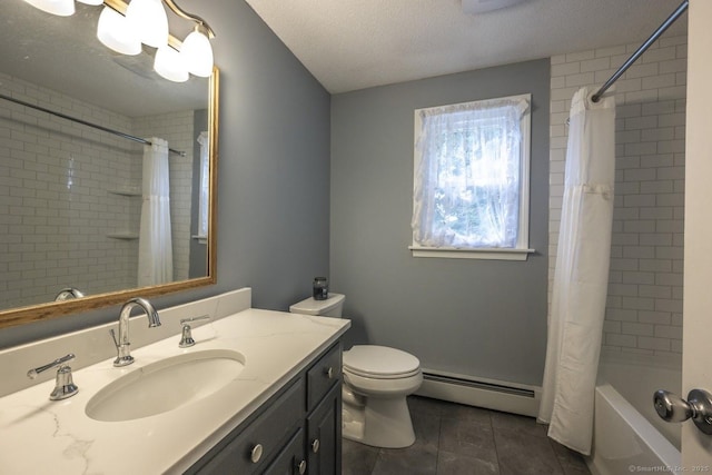 1018 Long Hill Rd, Middletown, CT 06457 - bathroom featuring baseboard heating, tile patterned flooring, vanity, a textured ceiling, and shower / bath combination with curtain