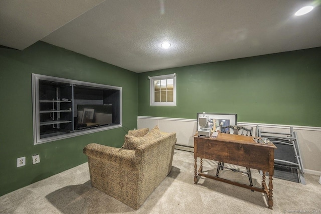 1018 Long Hill Rd, Middletown, CT 06457 - living area featuring carpet floors, wainscoting, baseboard heating, a textured ceiling, and recessed lighting