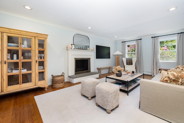 318 Milton Rd, Litchfield, CT 06759 - living area featuring a baseboard heating unit, crown molding, wood finished floors, recessed lighting, and a brick fireplace