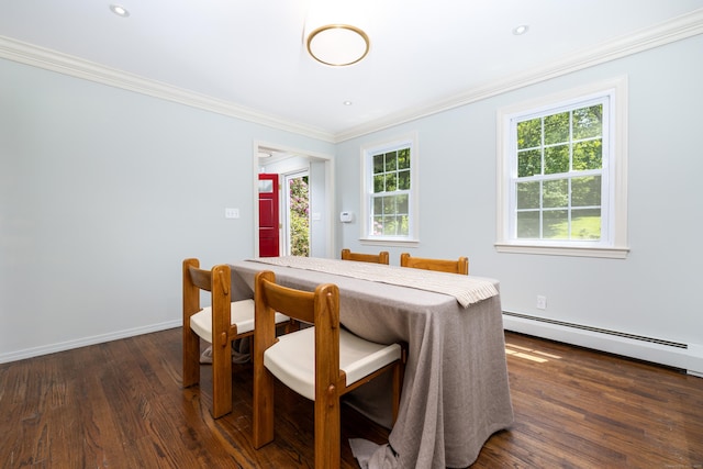 318 Milton Rd, Litchfield, CT 06759 - dining space with crown molding, a baseboard heating unit, and dark wood-type flooring