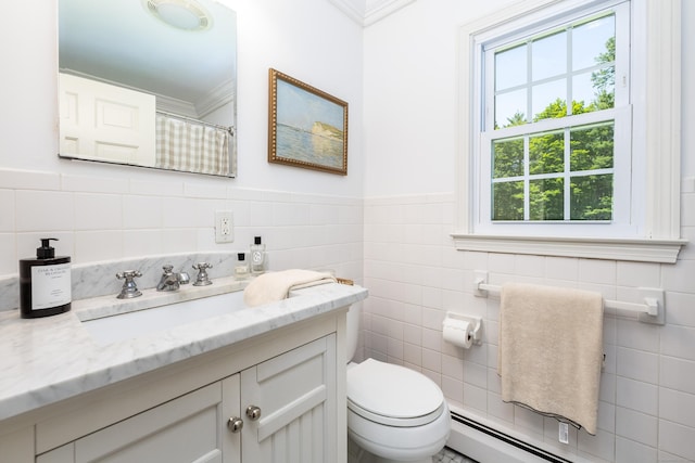 318 Milton Rd, Litchfield, CT 06759 - bathroom featuring tile walls, vanity, a baseboard heating unit, ornamental molding, and plenty of natural light