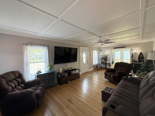 293 Torringford W St, Torrington, CT 06790 - living room with coffered ceiling, light wood finished floors, french doors, ceiling fan, and crown molding