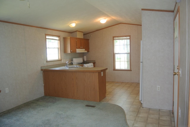 8 Barn Ln, Milford, CT 06460 - kitchen with white gas stove, a peninsula, crown molding, healthy amount of natural light, and under cabinet range hood