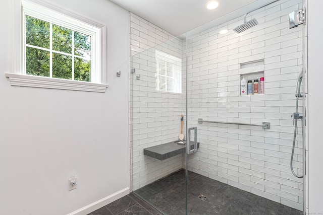 132 Deerwood Rd, Tolland, CT 06084 - full bathroom featuring a shower stall, plenty of natural light, recessed lighting, and marble look tile flooring