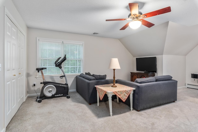 132 Deerwood Rd, Tolland, CT 06084 - carpeted living area with a ceiling fan, lofted ceiling, and baseboard heating