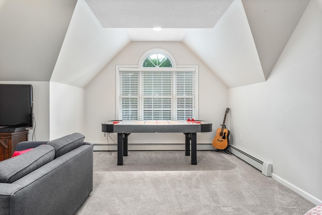 132 Deerwood Rd, Tolland, CT 06084 - game room with carpet flooring, lofted ceiling, and a baseboard heating unit