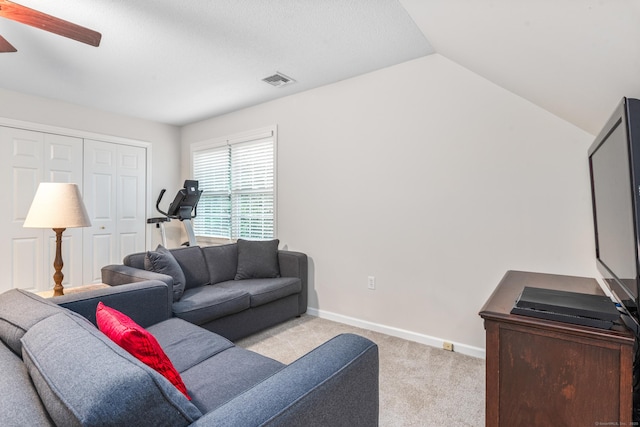 132 Deerwood Rd, Tolland, CT 06084 - living area featuring a ceiling fan, light carpet, and lofted ceiling