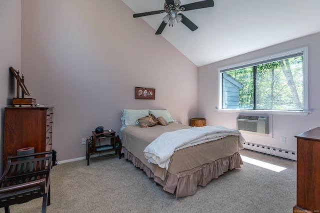 109 Old Farms Rd Unit 109, Torrington, CT 06790 - bedroom featuring a baseboard radiator, vaulted ceiling, light carpet, ceiling fan, and an AC wall unit
