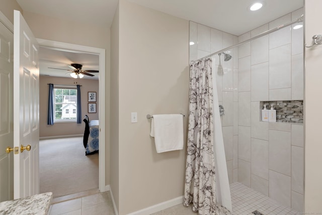 54 Round Hill Rd, Manchester, CT 06040 - bathroom featuring tiled shower, a ceiling fan, ensuite bath, tile patterned flooring, and recessed lighting