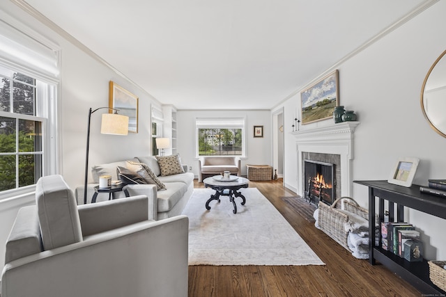 66 Concord St, West Hartford, CT 06119 - living room with a fireplace with flush hearth, dark wood-style flooring, and ornamental molding