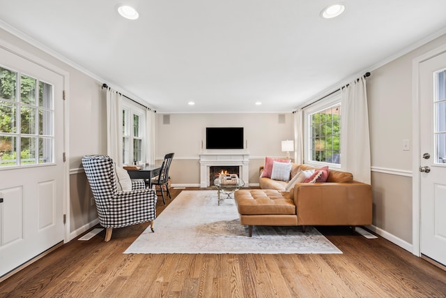 66 Concord St, West Hartford, CT 06119 - living room with wood finished floors, recessed lighting, crown molding, and a lit fireplace