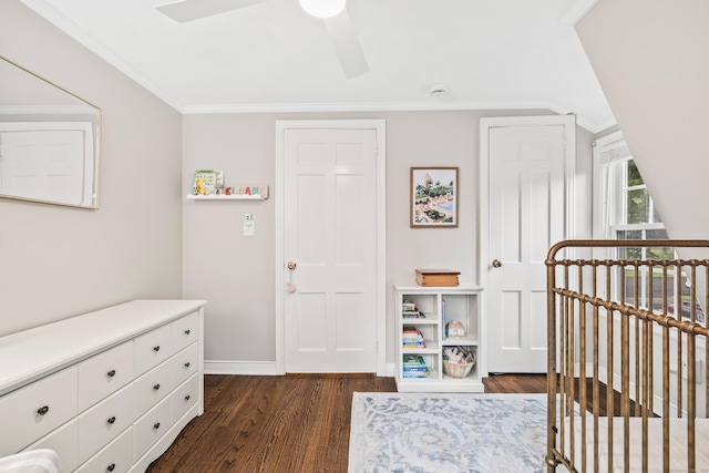 66 Concord St, West Hartford, CT 06119 - bedroom with dark wood-type flooring, a crib, ornamental molding, and ceiling fan