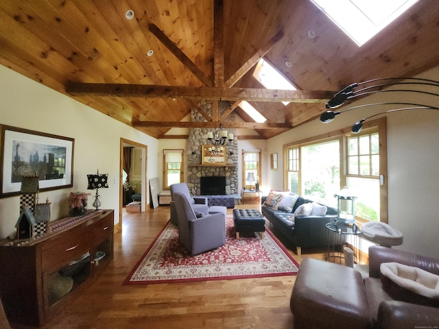 8 Caddy Rd, Norwalk, CT 06851 - living room featuring a skylight, plenty of natural light, a stone fireplace, wood finished floors, and wooden ceiling