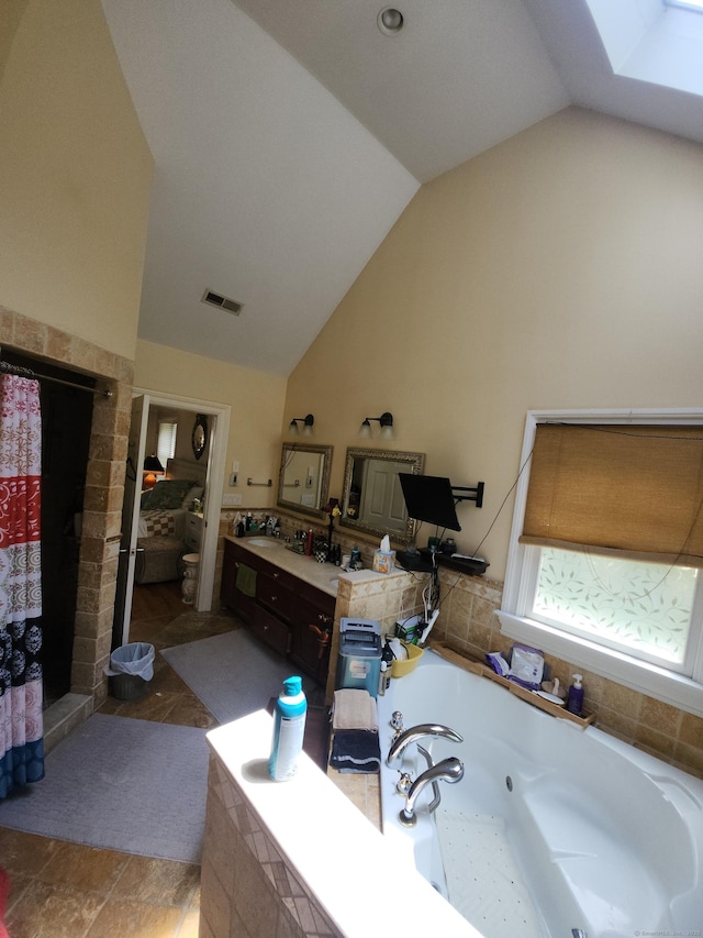 8 Caddy Rd, Norwalk, CT 06851 - full bath with vaulted ceiling, a whirlpool tub, vanity, and curtained shower