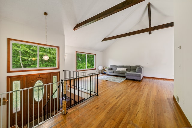 15 Revere Rd, Washington, CT 06793 - entrance foyer with high vaulted ceiling, beamed ceiling, and wood finished floors