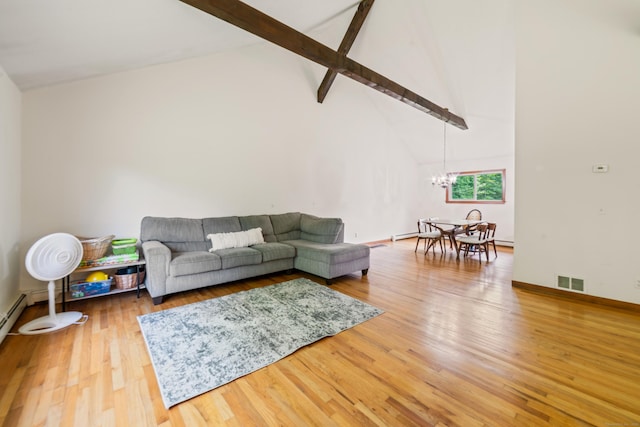 15 Revere Rd, Washington, CT 06793 - living room featuring high vaulted ceiling, a chandelier, beamed ceiling, and light wood-type flooring