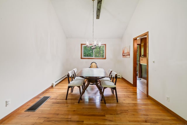 15 Revere Rd, Washington, CT 06793 - dining area featuring a chandelier, vaulted ceiling, light wood-style floors, and baseboard heating