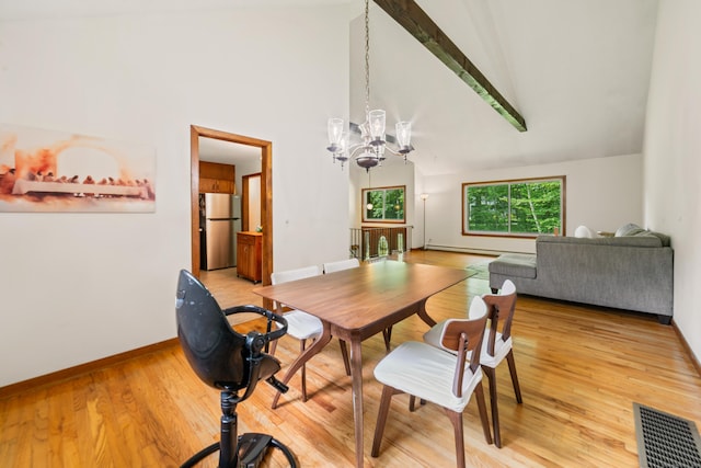 15 Revere Rd, Washington, CT 06793 - dining space featuring a chandelier, light wood-type flooring, baseboard heating, and high vaulted ceiling