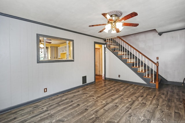 205 Lee St, West Haven, CT 06516 - unfurnished living room with a ceiling fan, wood finished floors, stairway, and crown molding