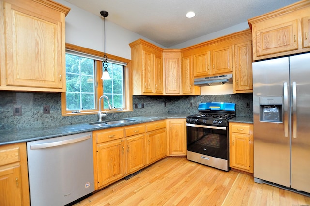 146 Pheasant Way S, Windsor, CT 06074 - kitchen with appliances with stainless steel finishes, under cabinet range hood, light wood-style flooring, backsplash, and hanging light fixtures