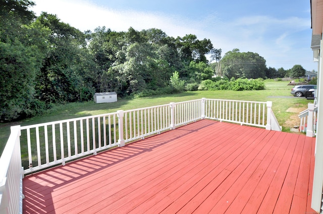 146 Pheasant Way S, Windsor, CT 06074 - deck with a yard, a shed, and view of wooded area