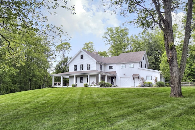 229 Good Hill Rd, Weston, CT 06883 - view of front of home with a porch, a chimney, a front yard, an attached garage, and roof with shingles