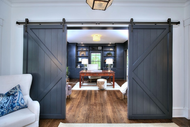 229 Good Hill Rd, Weston, CT 06883 - office area with a barn door, ornamental molding, and dark wood finished floors
