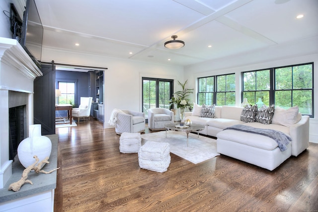 229 Good Hill Rd, Weston, CT 06883 - living room featuring coffered ceiling, wood finished floors, recessed lighting, a barn door, and beamed ceiling