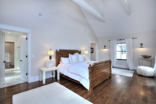 229 Good Hill Rd, Weston, CT 06883 - bedroom with high vaulted ceiling, wood finished floors, and beamed ceiling