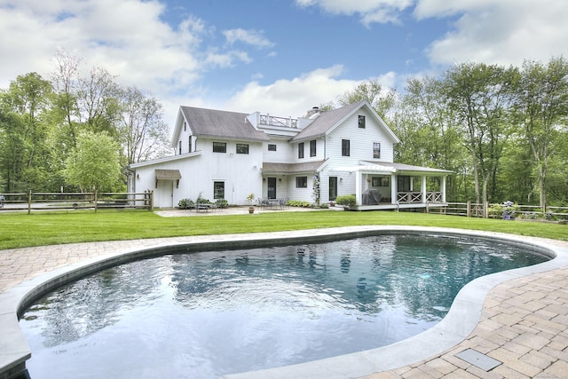 229 Good Hill Rd, Weston, CT 06883 - back of house featuring a fenced backyard, a balcony, a shingled roof, a patio area, and a chimney