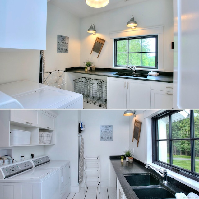 229 Good Hill Rd, Weston, CT 06883 - laundry room with cabinet space, washing machine and clothes dryer, and tile patterned floors