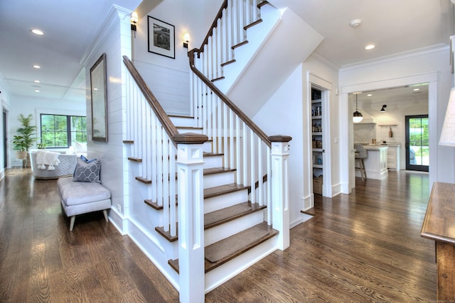 229 Good Hill Rd, Weston, CT 06883 - stairway featuring wood finished floors, recessed lighting, and ornamental molding