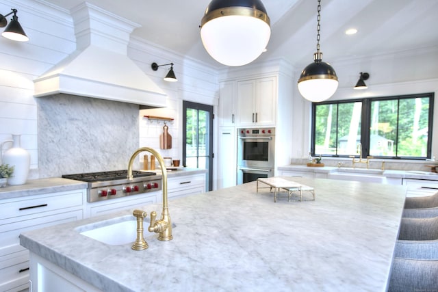 229 Good Hill Rd, Weston, CT 06883 - kitchen featuring appliances with stainless steel finishes, decorative backsplash, white cabinetry, ornamental molding, and recessed lighting