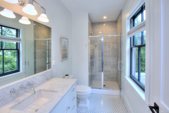 229 Good Hill Rd, Weston, CT 06883 - full bath with vanity, a stall shower, tile patterned floors, and recessed lighting