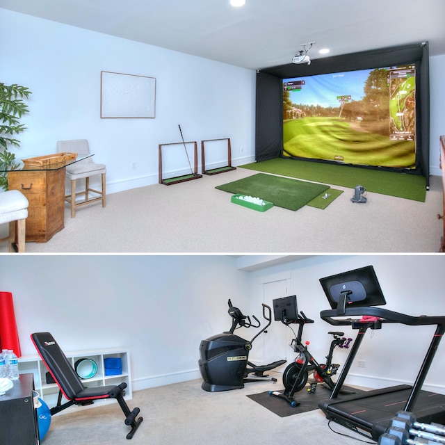 229 Good Hill Rd, Weston, CT 06883 - playroom with golf simulator and carpet floors