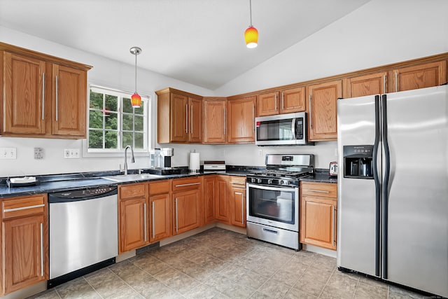 4 Russo Ter, New Haven, CT 06513 - kitchen featuring stainless steel appliances, dark countertops, lofted ceiling, pendant lighting, and brown cabinets