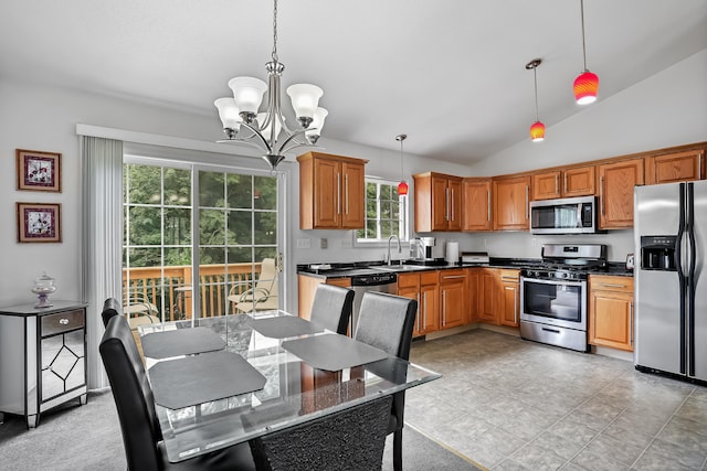 4 Russo Ter, New Haven, CT 06513 - kitchen featuring appliances with stainless steel finishes, dark countertops, hanging light fixtures, a chandelier, and lofted ceiling