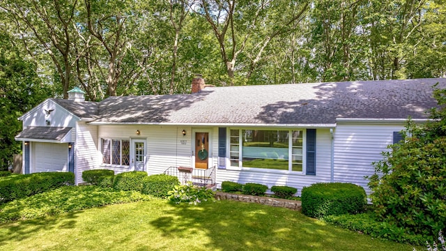 93 Glenrock Rd, Waterbury, CT 06706 - ranch-style house with a chimney, an attached garage, a front yard, and roof with shingles