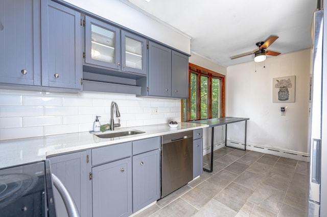 93 Glenrock Rd, Waterbury, CT 06706 - kitchen featuring stainless steel dishwasher, electric range oven, backsplash, a ceiling fan, and glass insert cabinets