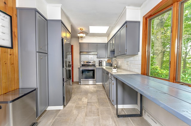 93 Glenrock Rd, Waterbury, CT 06706 - kitchen featuring gray cabinets, appliances with stainless steel finishes, decorative backsplash, and light countertops