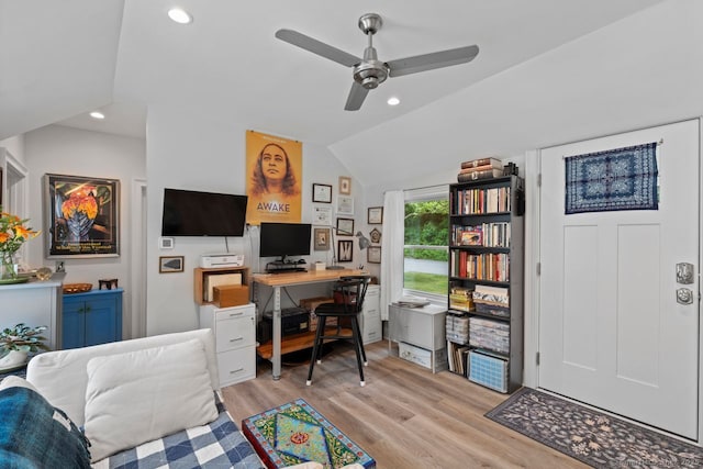 20 Meadow Woods Rd, Essex, CT 06426 - office space featuring lofted ceiling, a ceiling fan, light wood-type flooring, and recessed lighting